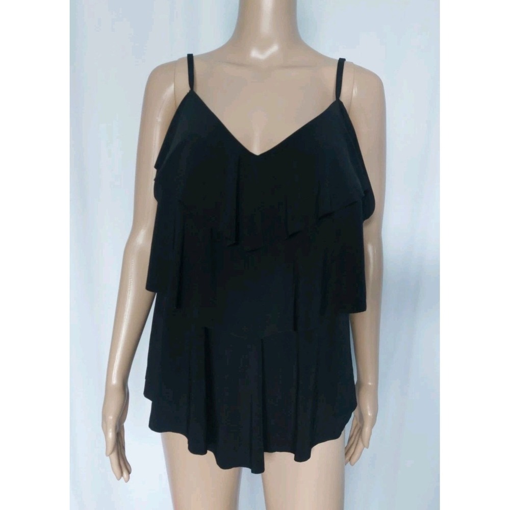 Women's Triple Ruffle Tier Swim Tankini Top with Adjustable Straps, Black  XL